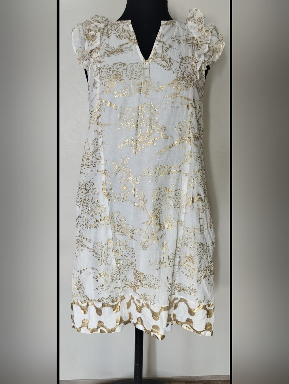 Jude Connally White Tunic with Metallic Gold Print and Ruffle Sleeves